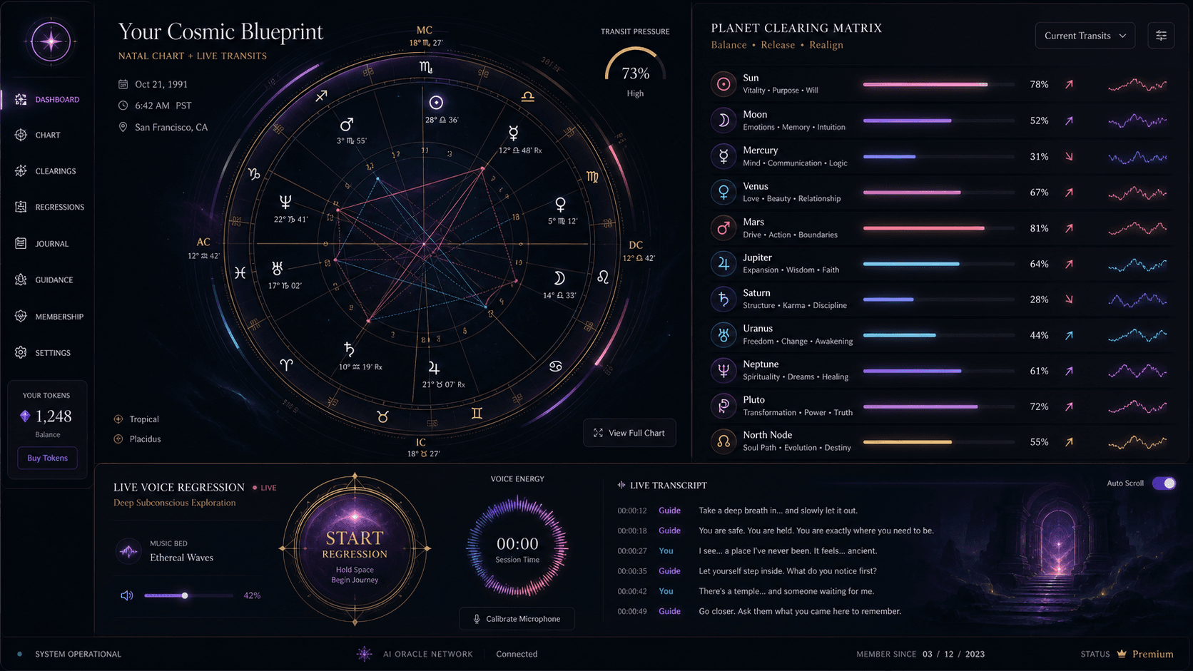 Past Life Labs member dashboard with cosmic blueprint chart, clearing matrix, voice regression, live transcript, and credit wallet